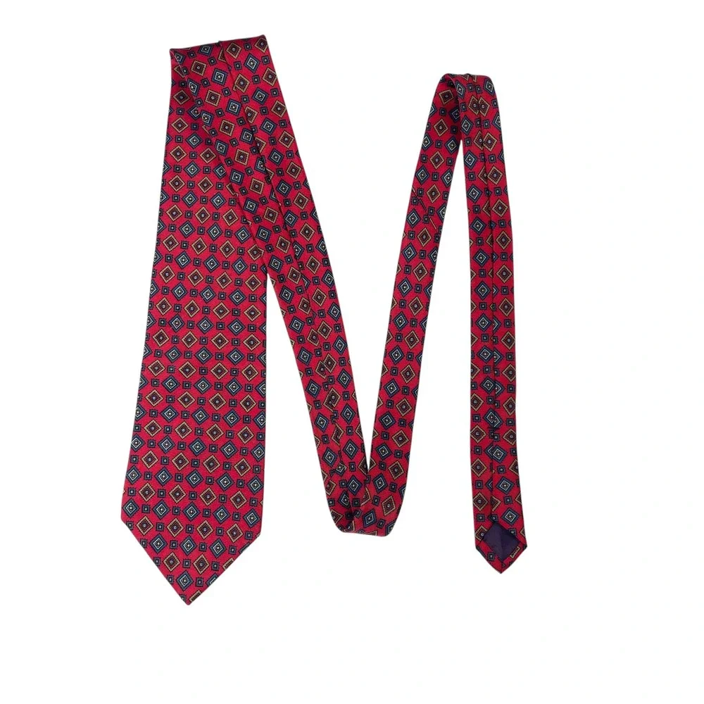 Vintage‎ Liberty Of London 100% Silk Tie Deep Red Geometric Diamonds Classic